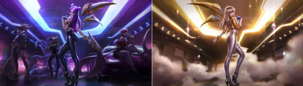 좌측은 'K/DA 카이사', 우측은 'K/DA 카이사 프레스티지 에디션'이다.두 스킨의 차이점은 이펙트 뿐이다.